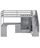 Simplie Fun Twin Loft Bed With L-Shaped Desk And Drawers, Cabinet Storage Staircase