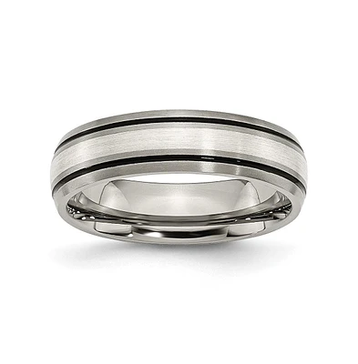 Chisel Titanium Brushed Sterling Silver Inlay Grooved Band Ring