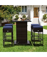 Sugift 5 Pieces Patio Rattan Cushioned Bar Furniture Set with Hidden Storage Shelf