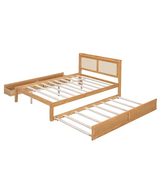 Simplie Fun Full Elegant Bed Frame With Rattan Headboard And Sockets, Walnut