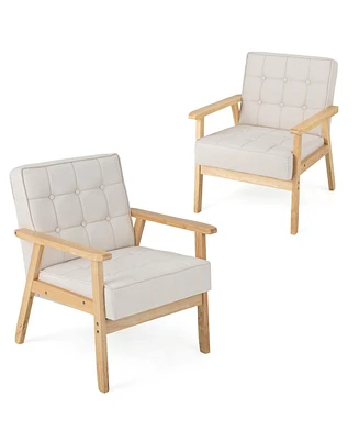 Costway Upholstered Armchair Set of 2 Modern Accent Chairs with Rubber Wood Armrests