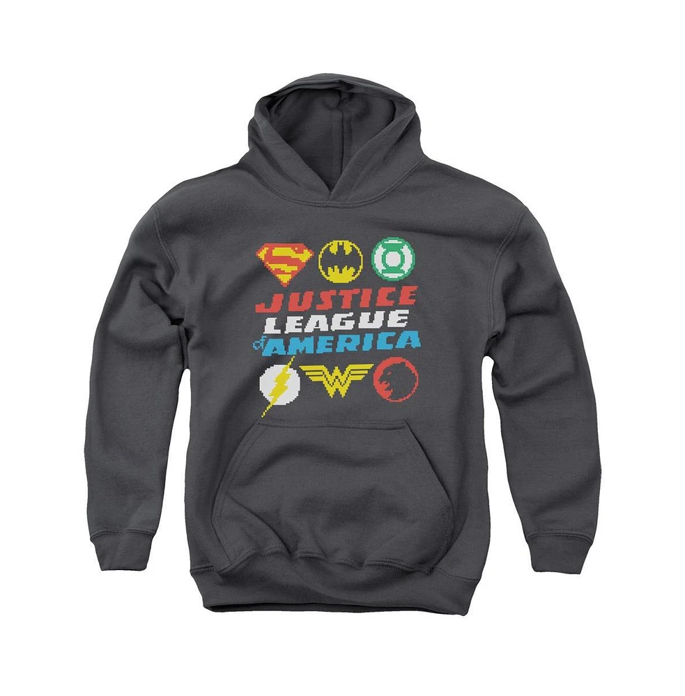 Justice League Boys of America Youth Pixel Logos Pull Over Hoodie / Hooded Sweatshirt