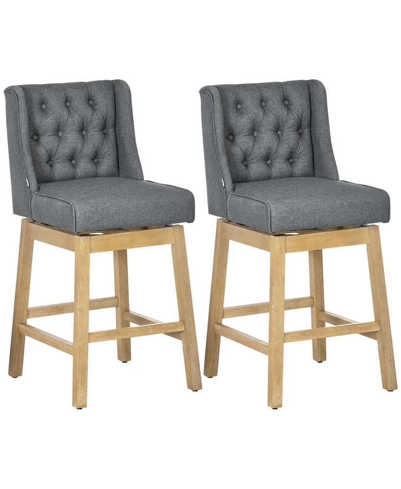 Homcom Bar Height Bar Stools Set of 2, 180 Degree Swivel Kitchen Island Stool, 28" Seat Height with Solid Wood Footrests and Button Tufted Design, Gre