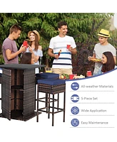 Sugift 5 Pieces Patio Rattan Cushioned Bar Furniture Set with Hidden Storage Shelf