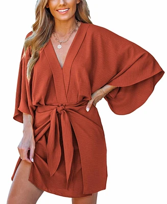 Cupshe Women's Light Brown V-Neck Kimono Sleeve Mini Beach Dress