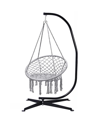 Gymax Hammock Chair Hanging Cotton Rope Macrame Swing Chair w/ Stand Gray