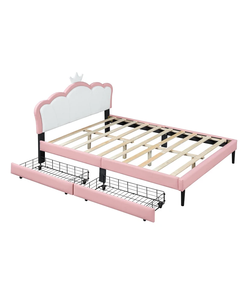 Simplie Fun Princess Bed with Crown Headboard, 2 Drawers & Platform Bed with Pink Headboard