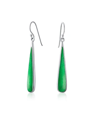Bling Jewelry Simplistic Boho Fashion Green Agate Simulated Jade Inlay Long Flat Teardrop Shaped Dangle Earrings Sterling Silver Fish Hook Wire Thread