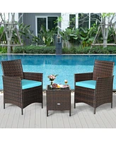 Sugift 3 Pieces Patio Cushioned Rattan Conversation Set With Glass Table Top