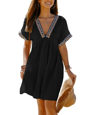 Cupshe Women's Black Plunging Short Sleeve Mini Beach Dress