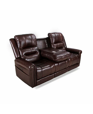 Simplie Fun Brown Leather Power Reclining Sofa with Dropdown Table