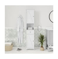 Merrick Lane Delilah Slim Linen Tower Organizer With Storage Drawer, Upper And Lower Cabinets With Magnetic Closure Doors And Open Shelf