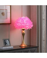 Streamdale Furniture 18.25"In Hot Pink Feather Aquina Satin Gold Metal Contour Glam Table Lamp