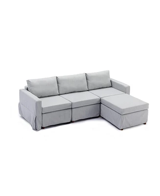 Simplie Fun 3-Seat Sectional Sofa with Ottoman, Light Grey