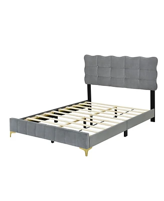 Simplie Fun Full Size Velvet Platform Bed With Led Frame And Stylish Mental Bed Legs