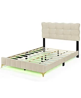 Simplie Fun Full Velvet Platform Bed With Led Frame And Stylish Mental Legs