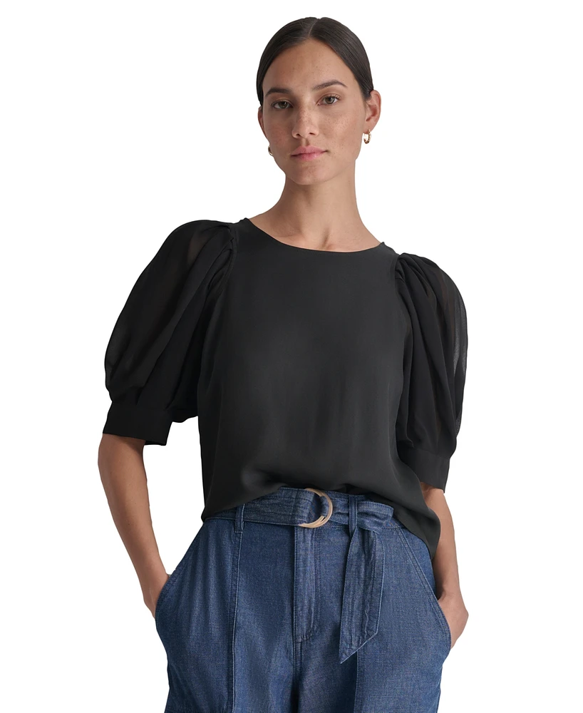 Dkny Women's Mixed-Media Chiffon Puff-Sleeve Top