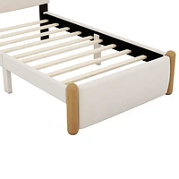 Twin Size Upholstered Platform Bed With Wood Supporting Feet, White