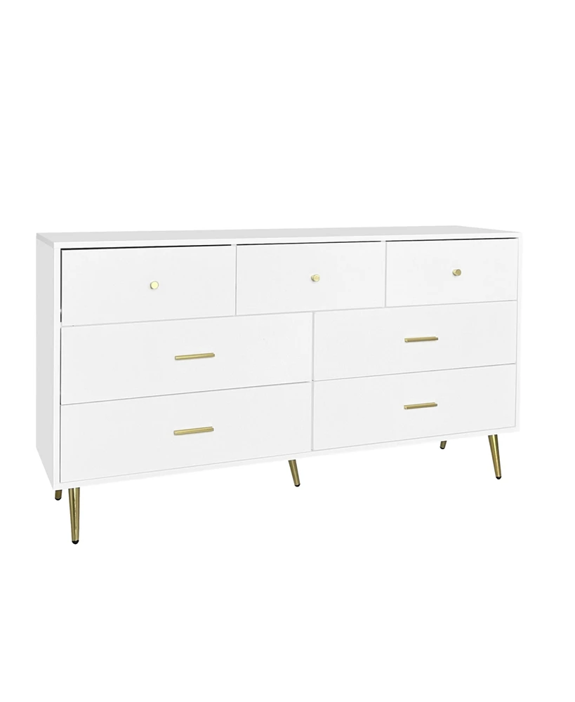 Simplie Fun Seven Drawers Large Chest Of Drawer Cabinet With Golden Handle And Golden Legs White Color