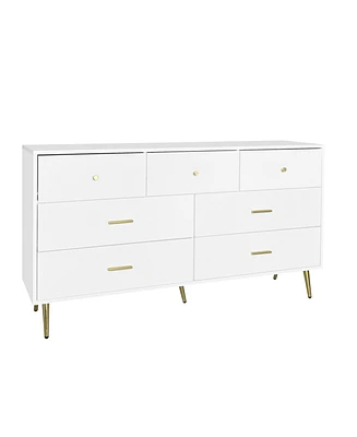 Simplie Fun Seven Drawers Large Chest Of Drawer Cabinet With Golden Handle And Golden Legs White Color