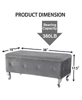 Grey Tufted Storage Ottoman Bench With Crystal Buttons