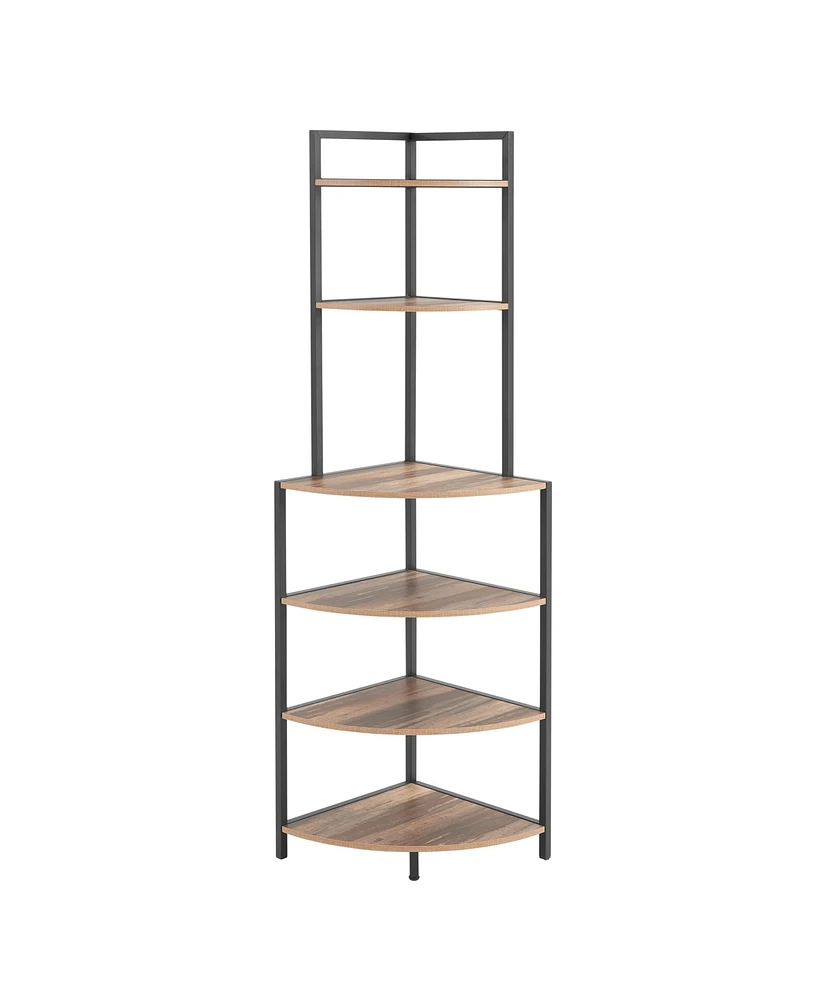 Simplie Fun 6-Tier Corner Open Shelf Bookcase, Rustic Brown