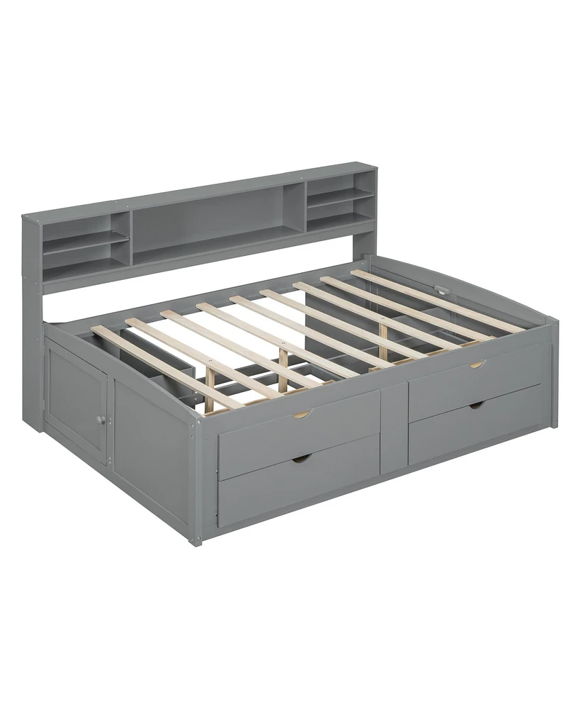 Simplie Fun Full Wood Daybed With 2 Bedside Cabinets, Upper Shelves And 4 Drawers, Gray