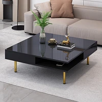 High gloss coffee table with golden legs and drawers, 2-tier center for living room