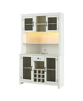 Simplie Fun Rustic Farmhouse Coffee Bar Cabinet with Led Lights & Wine Rack