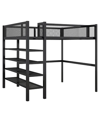 Simplie Fun Full Metal Loft Bed With 4-Tier Shelves And Storage