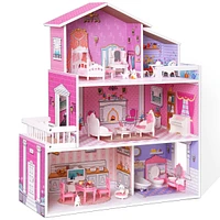 Streamdale Furniture Wooden Dollhouse For Kids With 24 Pieces Furniture Preschool Dollhouse House Toy