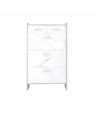 Streamdale Furniture High Glossy Marble Color Doors Shoe Rack 3 Doors Shoe Cabinet With 2 Drawers