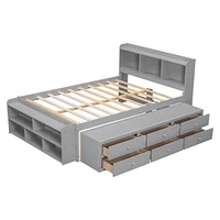 Full Bed With Bookcase Headboard, Under Bed Storage Drawers And Bed End Storage Case, Grey