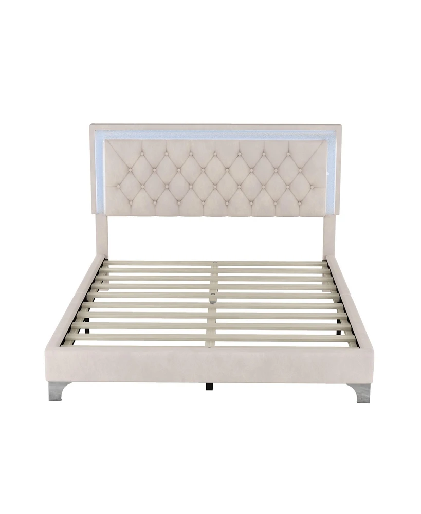 Simplie Fun Modern Beige Velvet Bed with Led Headboard