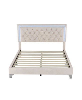 Simplie Fun Queen Size Upholstered Bed Frame With Led Lights, Modern Velvet Platform Bed With Tufted Headboard