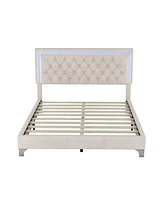 Simplie Fun Queen Size Upholstered Bed Frame With Led Lights, Modern Velvet Platform Bed With Tufted Headboard