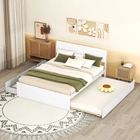 Modern Full Bed Frame with Twin Trundle, 2 Drawers - White Gloss & Washed White
