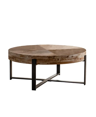 Simplie Fun 31.29"Modern Retro Splicing Round Coffee Table, Fir Wood Table Top With Black Cross Legs Base