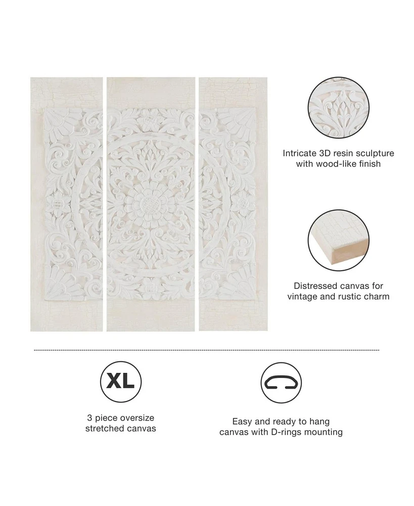 Streamdale Furniture White Mandala Triptych 3-Piece Dimensional Resin Canvas Wall Art Set