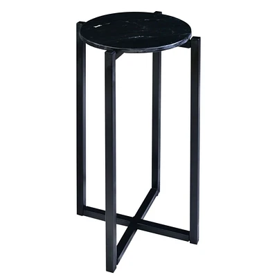 Simplie Fun Ivy 24.5 Inch Round Marble Top Accent Side Table With Metal Frame, Black