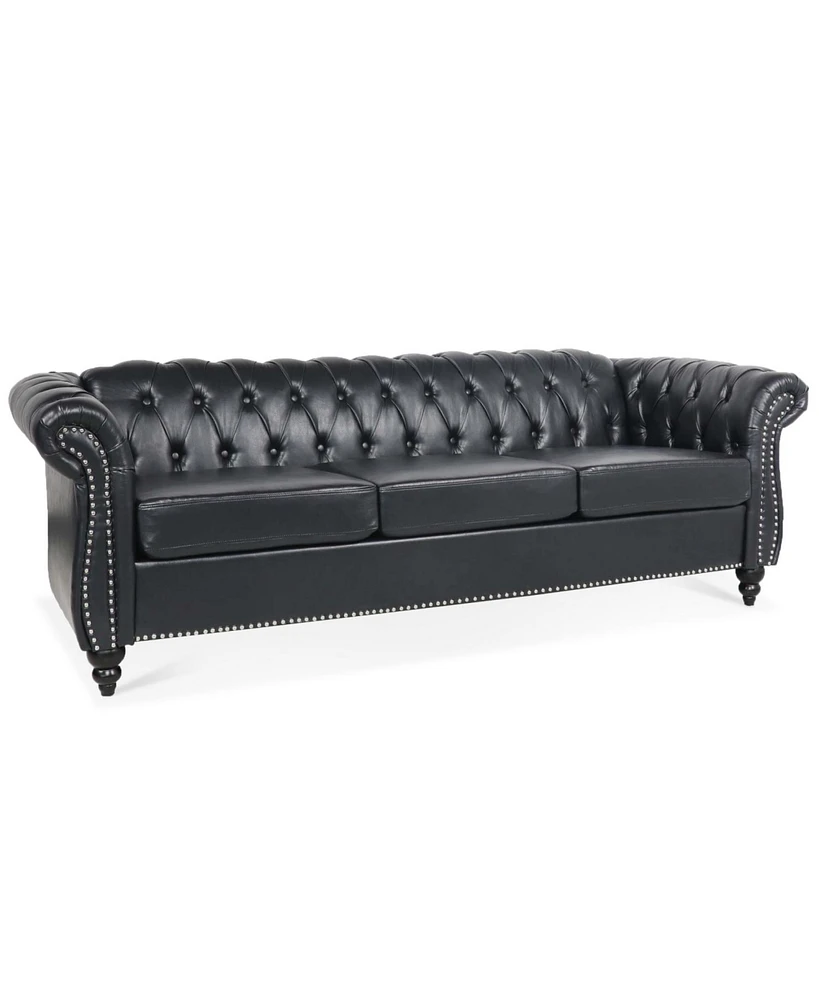 Simplie Fun 84.65" Pu Rolled Arm Chesterfield Three Seater Sofa