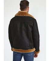 Furniq Uk Men's Shearling Aviator Jacket, Washed Brown with Ginger Wool