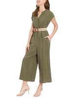 London Times Women's V-Neck Belted Wide-Leg Jumpsuit