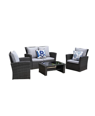 Simplie Fun 4-Pieces Pe Rattan Wicker Outdoor Patio Furniture Set With Grey Cushions