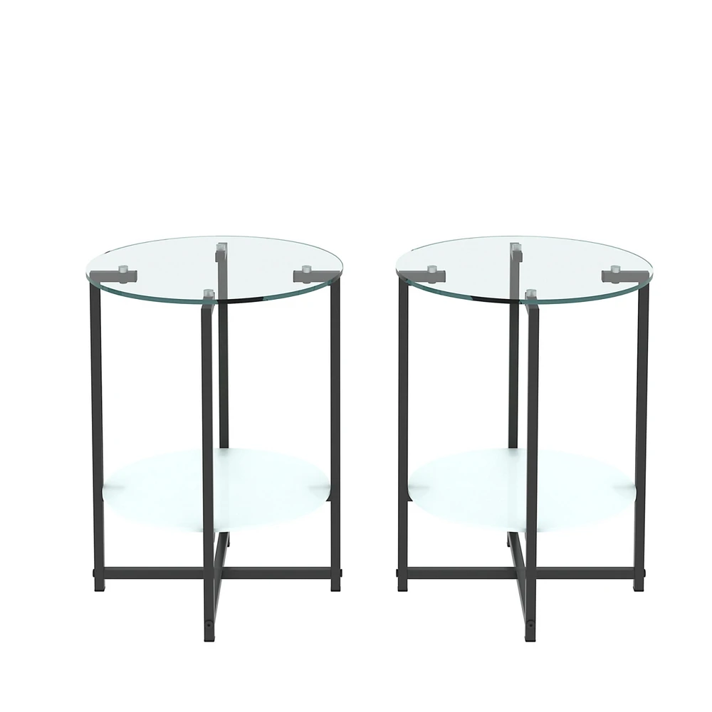 Simplie Fun 2-Piece Set Tempered Glass End Table, Round Coffee Table For Bedroom Living Room Office