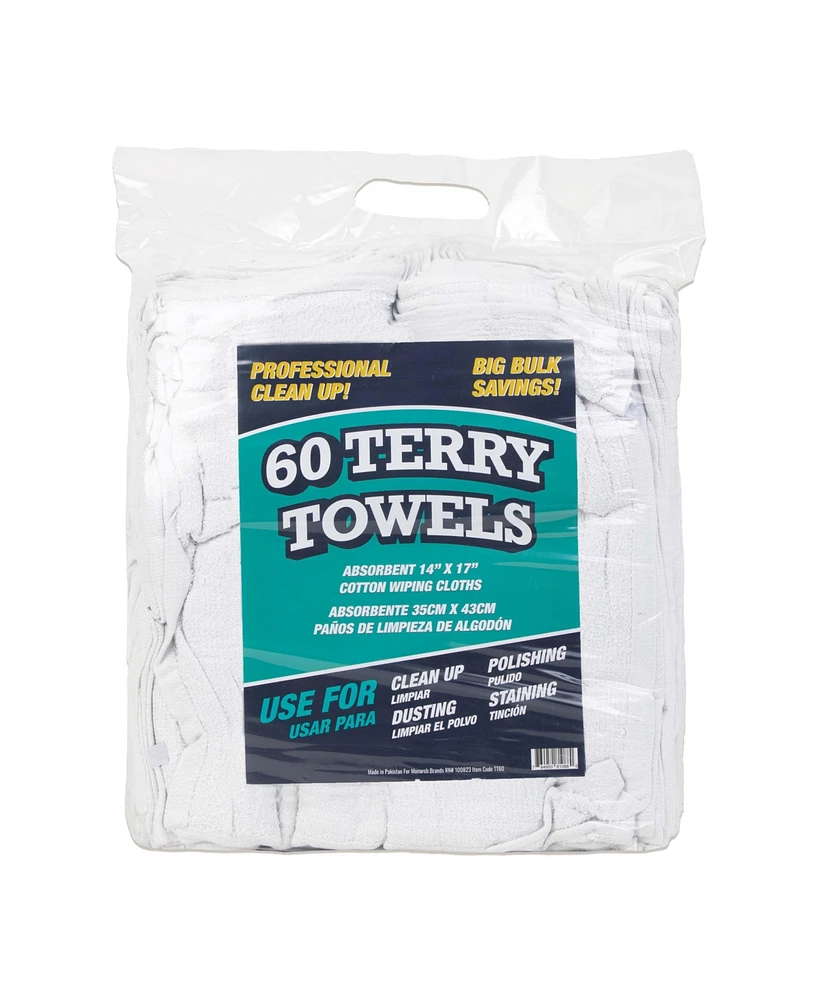 Arkwright Home Terry Towels (Pack of 60), White Cotton Cleaning Cloths, 14x17 in., Multi-Purpose, Reusable