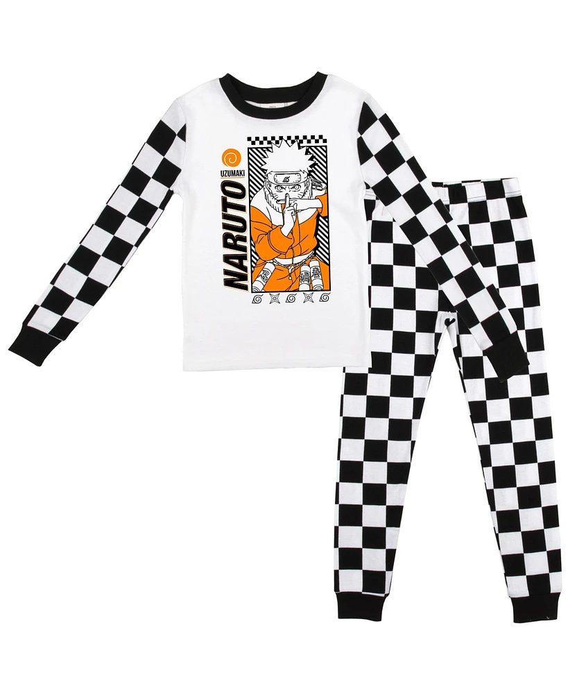 Naruto Little Boys Classic Black and White Checker Pattern Youth Long Sleeve Pajama Set