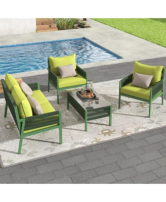 4-Piece Rope Patio Furniture Set, Tempered Glass Table
