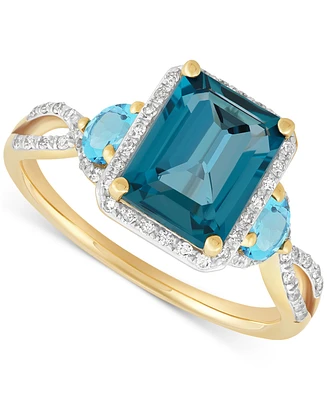 London Blue Topaz (2-7/8 ct. t.w.), Swiss Blue Topaz (5/8 ct. t.w.) & Diamond (1/5 ct. t.w.) Halo Ring in 14k Gold