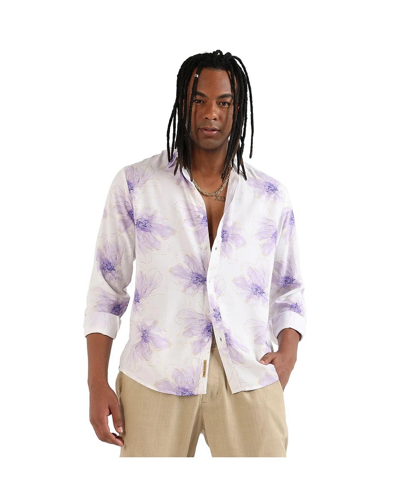 Campus Sutra Men's EcoLiva White & Lavender Faded Floral Strokes Shirt